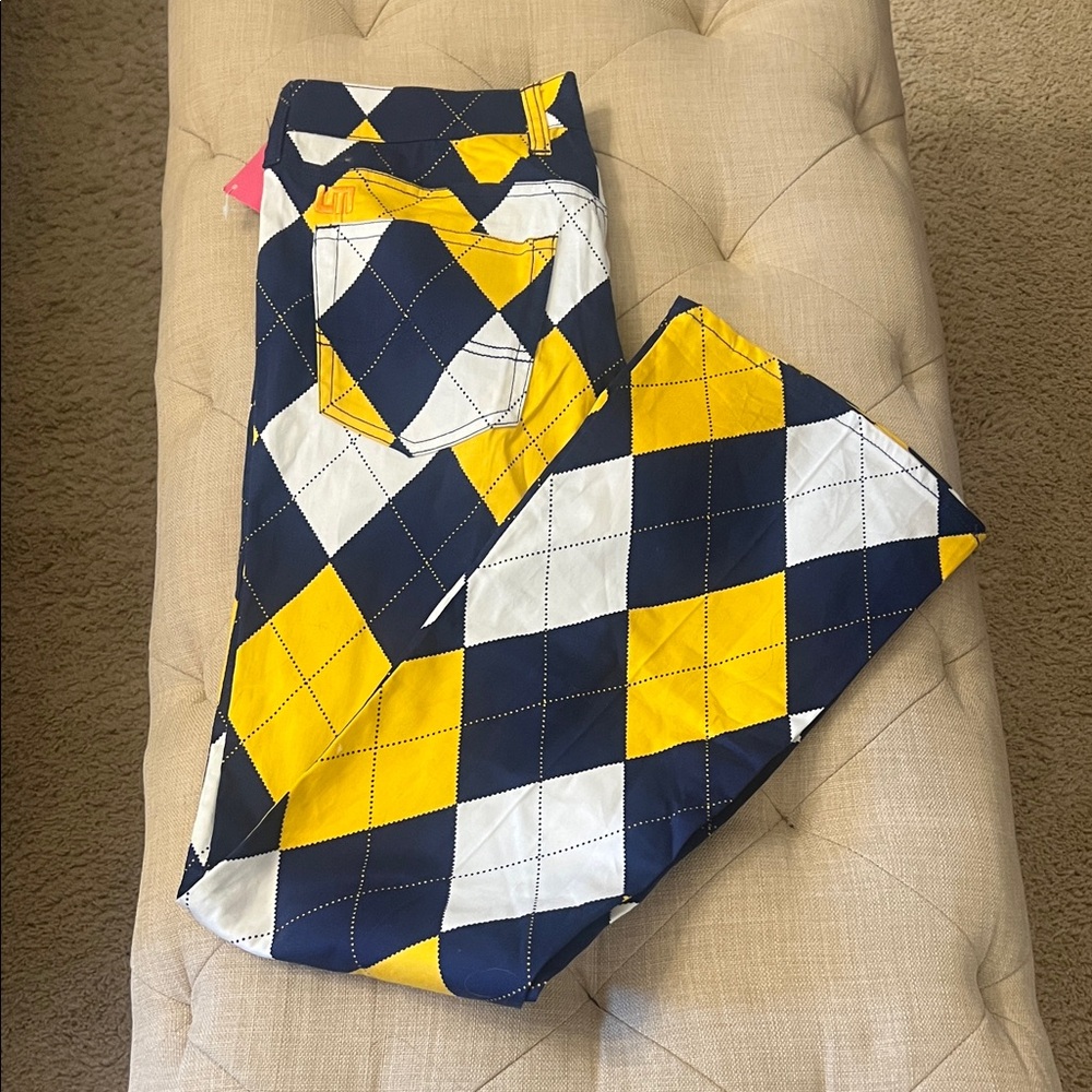NWT: LOUDMOUTH Argyle Patterned Pants in Yellow, Navy, & White - Size 4